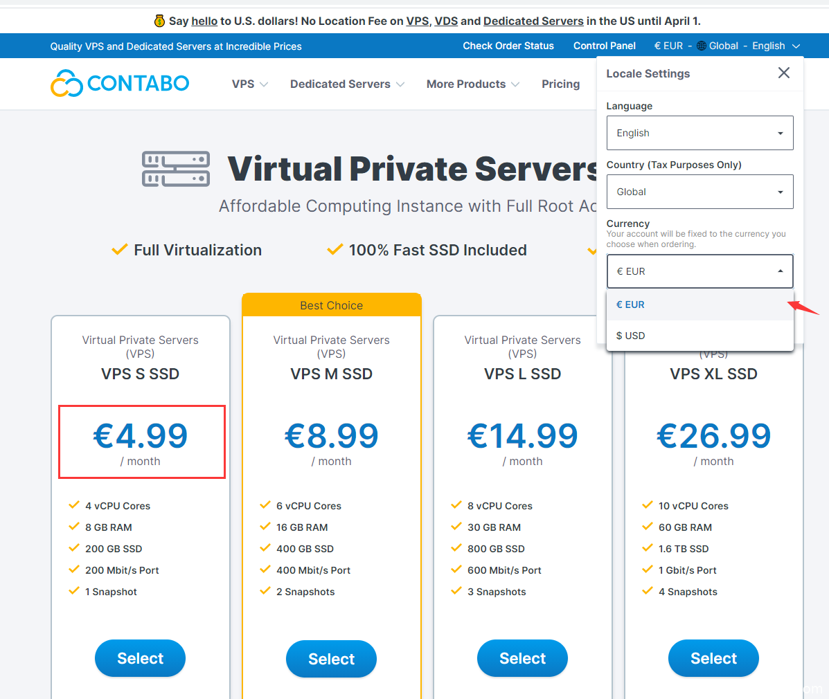 Contabo VPS云服务器付款小技巧：美元USD改成欧元EUR更优惠/4核8G/200Mbps不限流量月付约38元