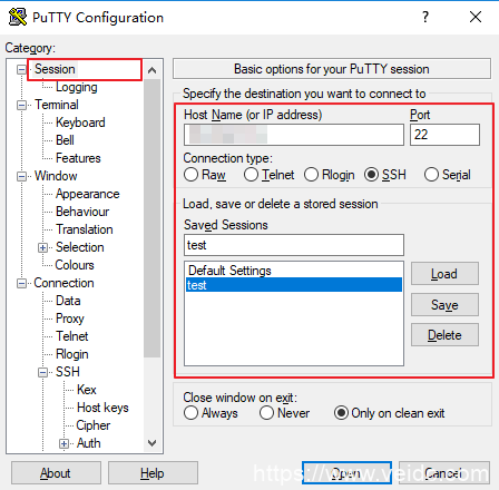 切换至 Session 配置界面，配置服务器的 IP、端口，以及连接类型。