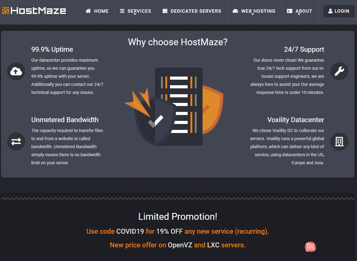 HostMaze：罗马尼亚VPS促销/全场81折循环优惠/1Gbps带宽无限流量月付1.62欧元起