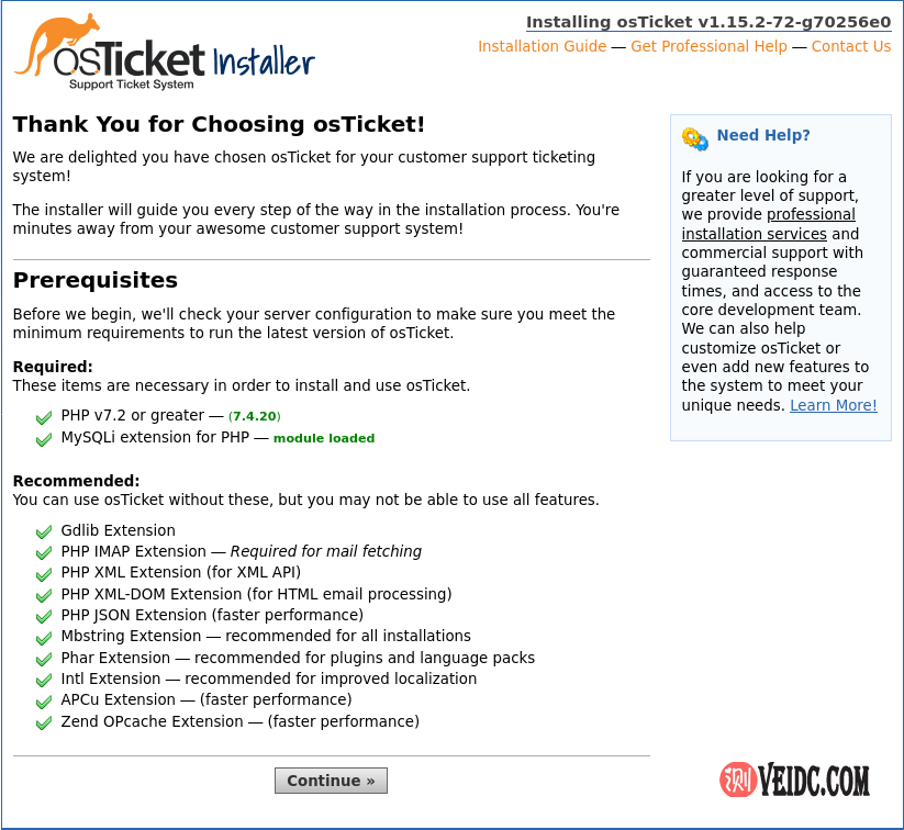 osTicket 安装程序屏幕
