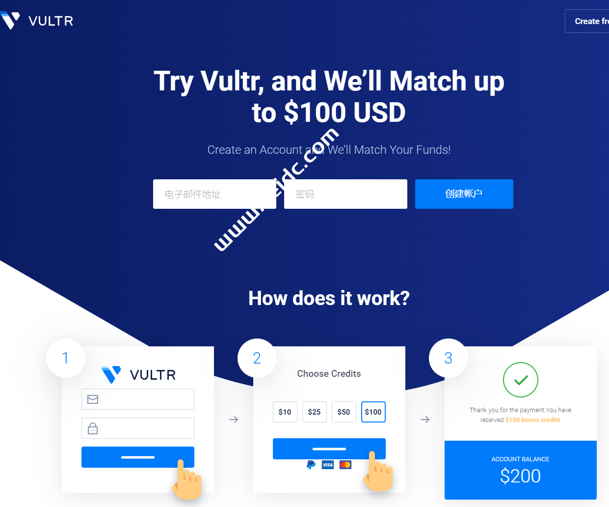 Vultr：新用户充多少送多少，按小时计费，全球19大机房，月付$3.5起，送100刀活动继续
