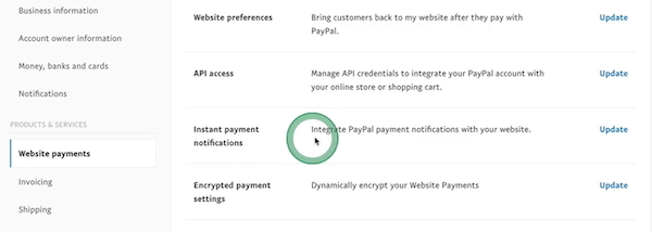 设置“Instant payment notifications”
