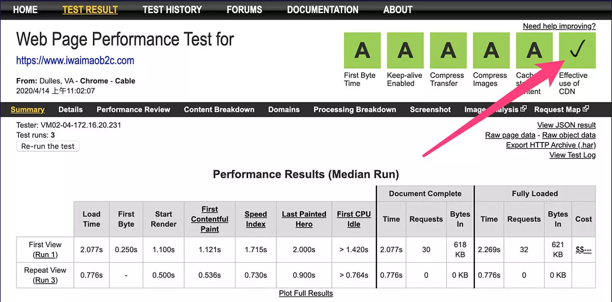 使用WebPageTest测试使用Cloudflare加速的Wordpress网站