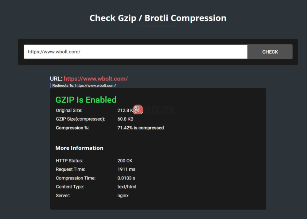使用Check GZIP压缩工具测试wbolt.com的主页