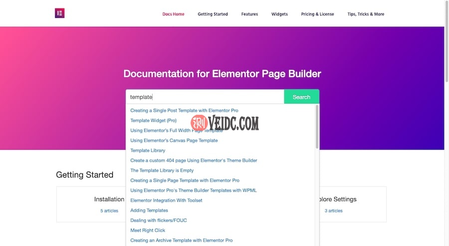 Elementor：在文档中搜索“模板”
