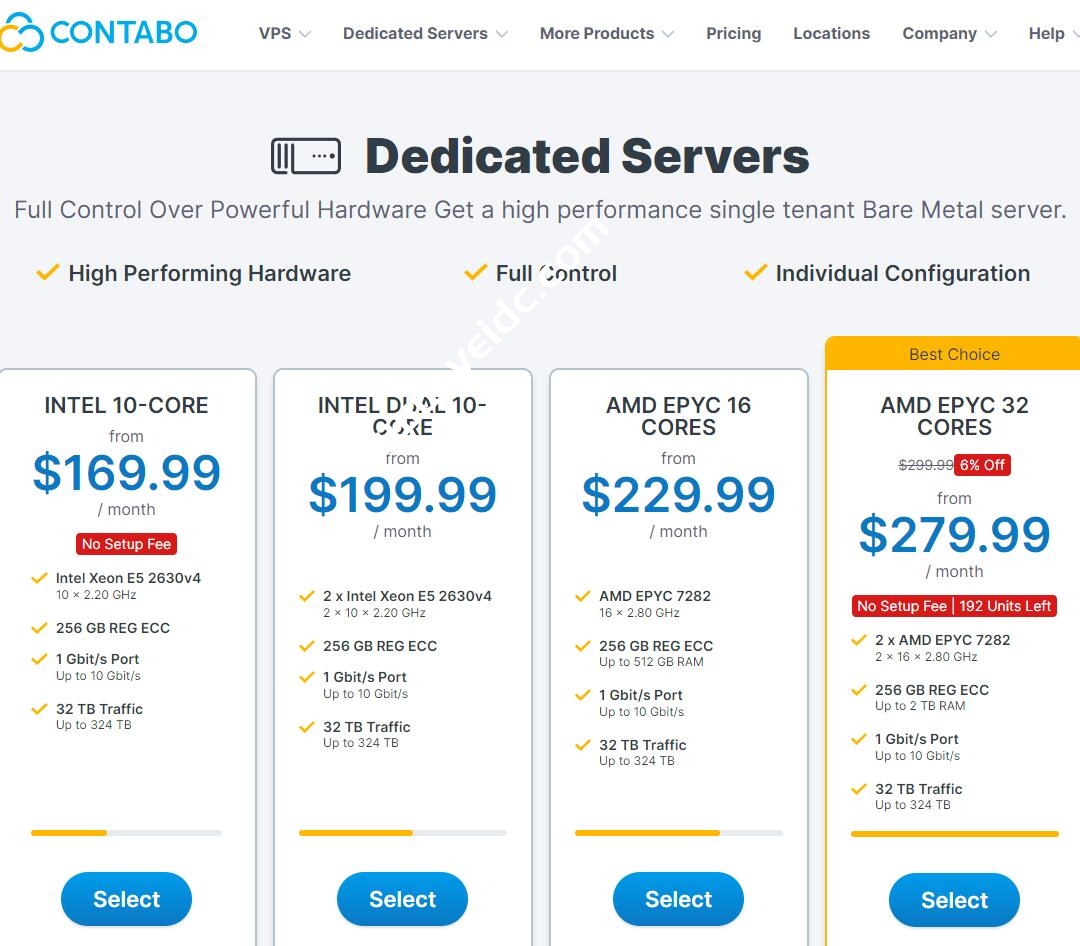 Contabo：高性价比服务器，可选德国、美国和新加坡，1Gbps-10Gbps端口，可加装GPU，$169.99/月起