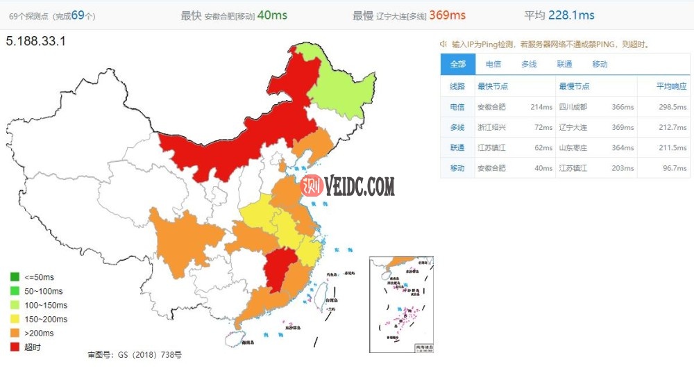 gcorelabs香港VPS Ping全国延迟测试