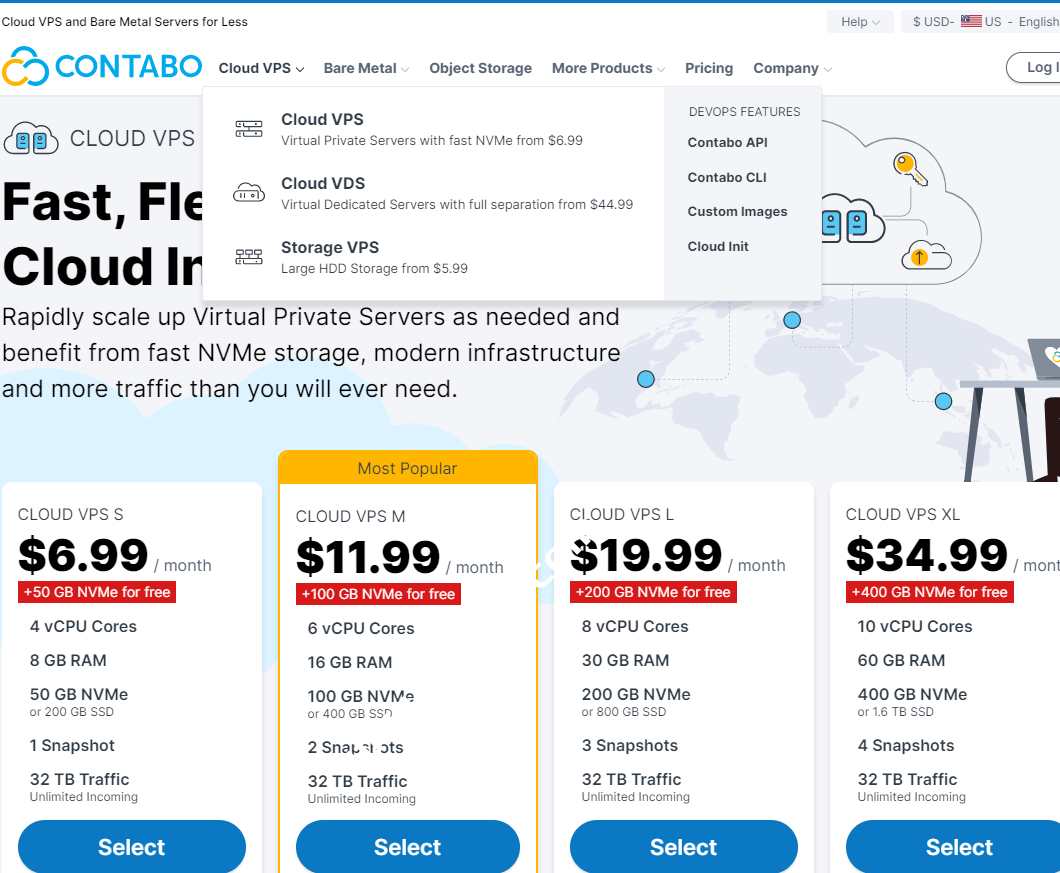 Contabo：购买VPS赠送NVMe存储，高性价比VPS，可选美国、德国和新加坡，月付$6.99起