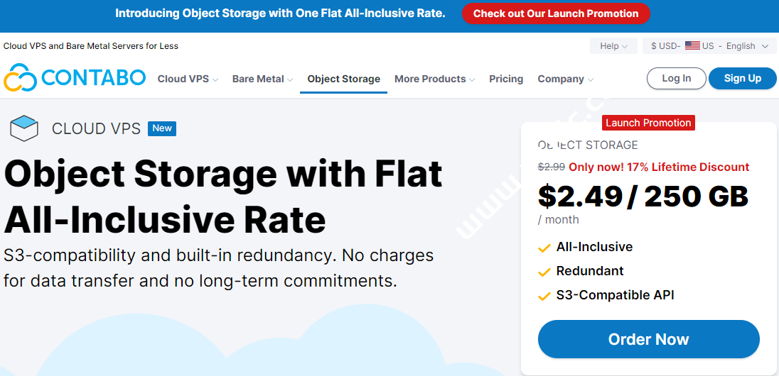 Contabo：美国对象存储( Object Storage)上线，不限流量，限时8折优惠，$2.49(250G/月)起