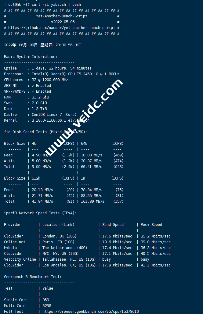 yabs.sh：Linux VPS 一键测评脚本，可测试硬盘速度/网络带宽/Geekbench跑分等