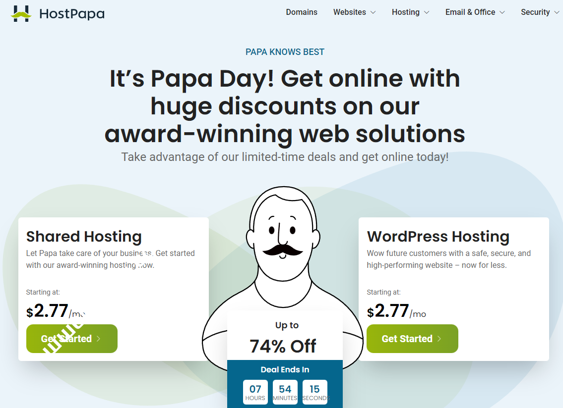 HostPapa：老牌国外主机商，"It’s Papa Day"（父亲节限时优惠），wordpress和外贸主机推荐，最高74%优惠，月付低至$2.77