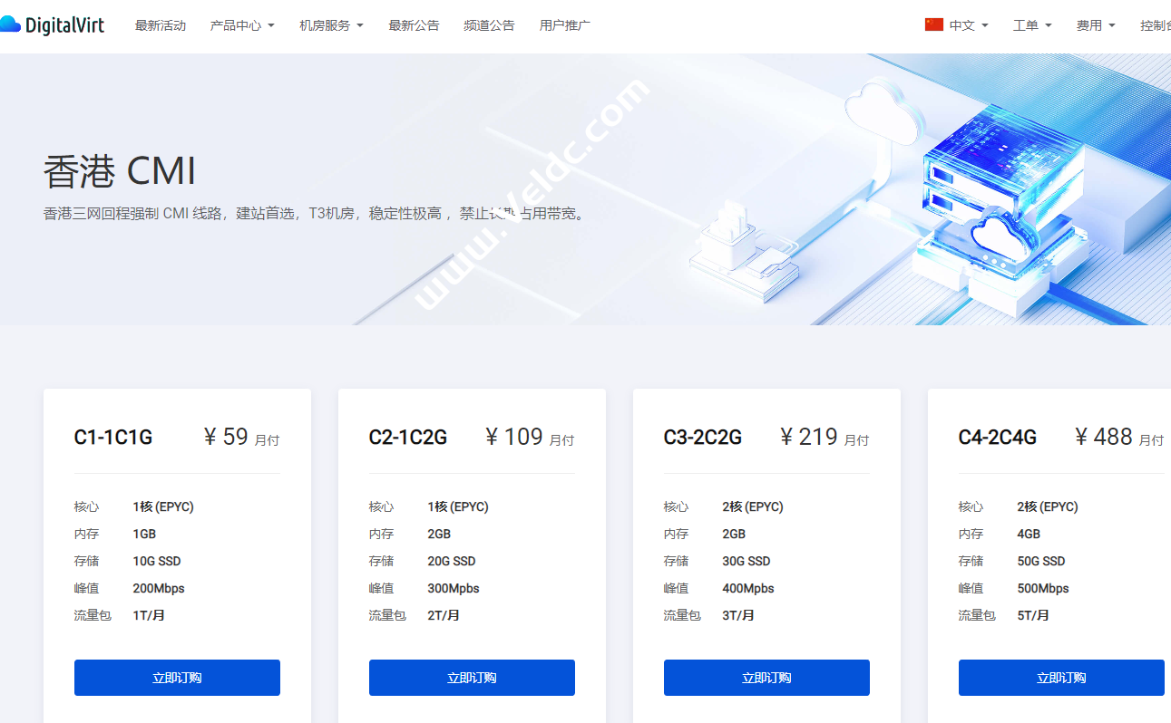 DigitalVirt：香港 CMI补货，三网回程强制 CMI 线路，月付¥59起