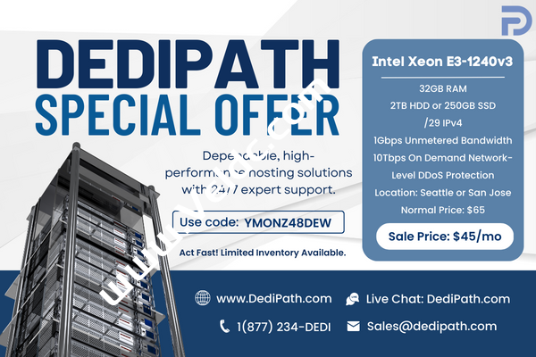 DediPath：美国服务器促销，可选圣何塞和西雅图机房，Intel Xeon E3-1240v3/32GB/2TB HDD或1TB SSD存储，1Gbps不限流量，按需10Tbps网络级保护，月付45美元