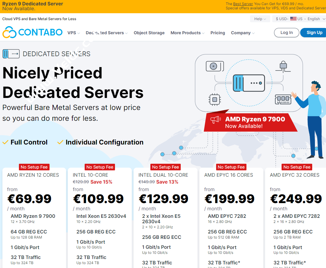 Contabo：新增Ryzen 9 7900物理服务器，可选德国/英国/美国/日本/新加坡/澳大利亚，1Gbps带宽@32TB流量，月付$89.99起
