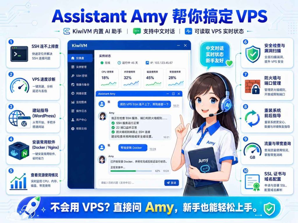 买完搬瓦工 VPS 不会用？KiwiVM 面板里的 AI 助理 Amy 帮你搞定10 个最实用的使用场景-国外主机测评