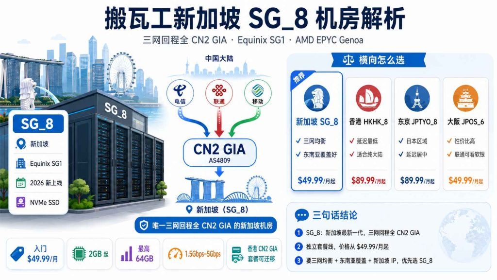 搬瓦工新加坡 SG_8 机房介绍与套餐选购, SG_1 / 香港 / 东京 / 大阪 CN2 GIA 横向比较和套餐选择-国外主机测评