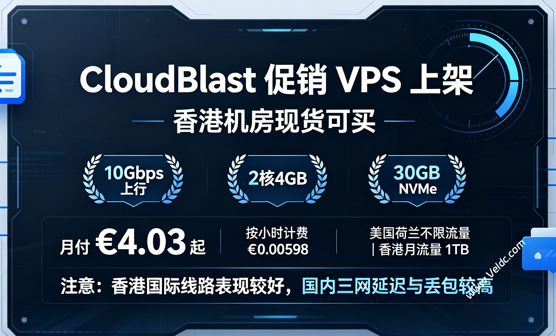 CloudBlast：LEB特价促销VPS，2核AMD EPYC/4GB/30GB  NVMe/10Gbps@不限流量，月付€4.03 / €0.00598/小时，可选美国盐湖城/荷兰/香港机房-国外主机测评