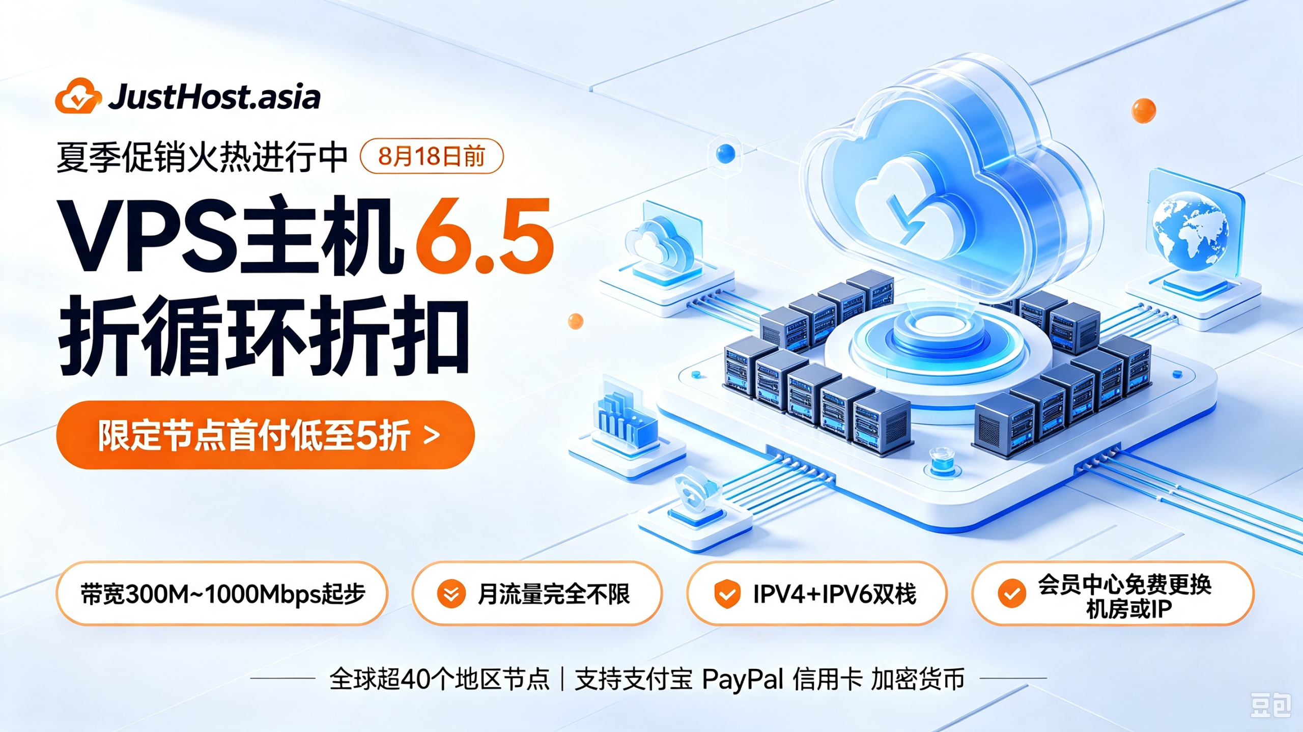Justhost：夏季全场6.5折大促，部分限定机房5折起，300Mbps-1Gbps不限流量，免费换IP/机房-国外主机测评