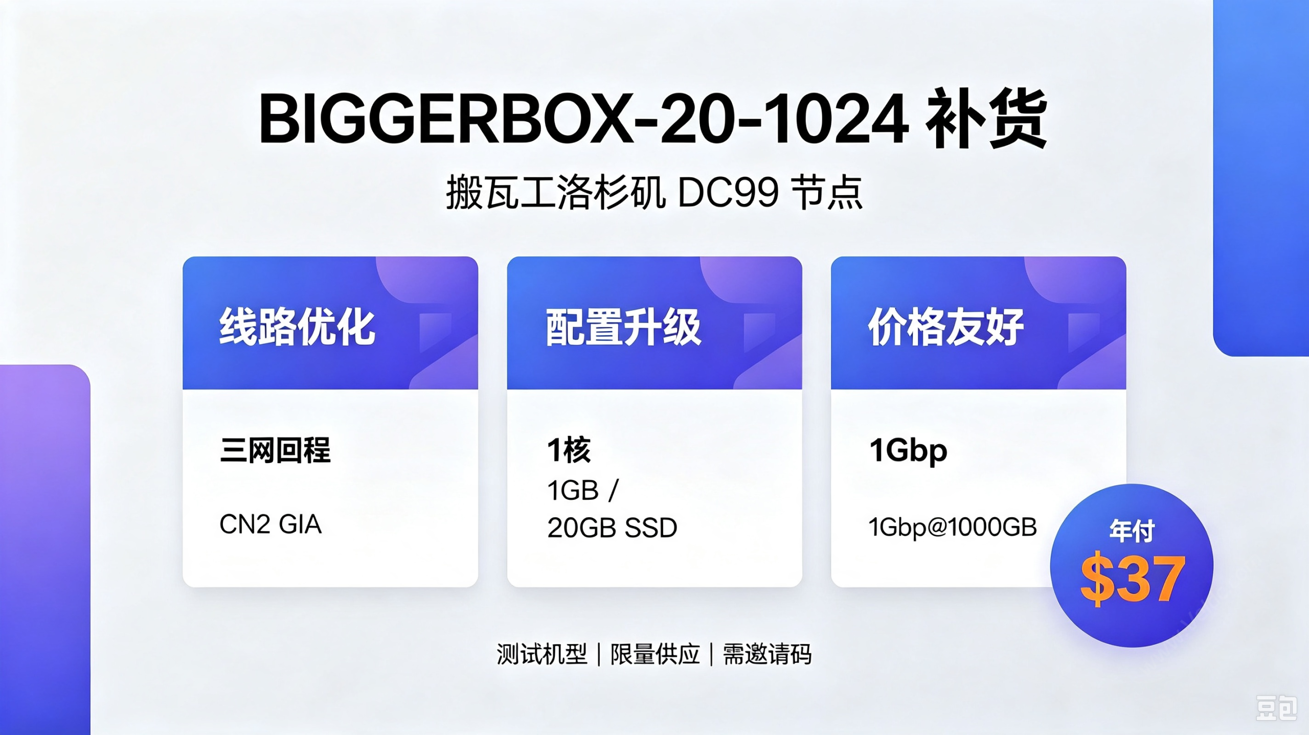 搬瓦工:补货BIGGERBOX-20-1024,洛杉矶DC99三网优化线路/1Gbps带宽,1核1GB/20GB SSD/1Gbps@1000GB,年付$37(需邀请码)-国外主机测评