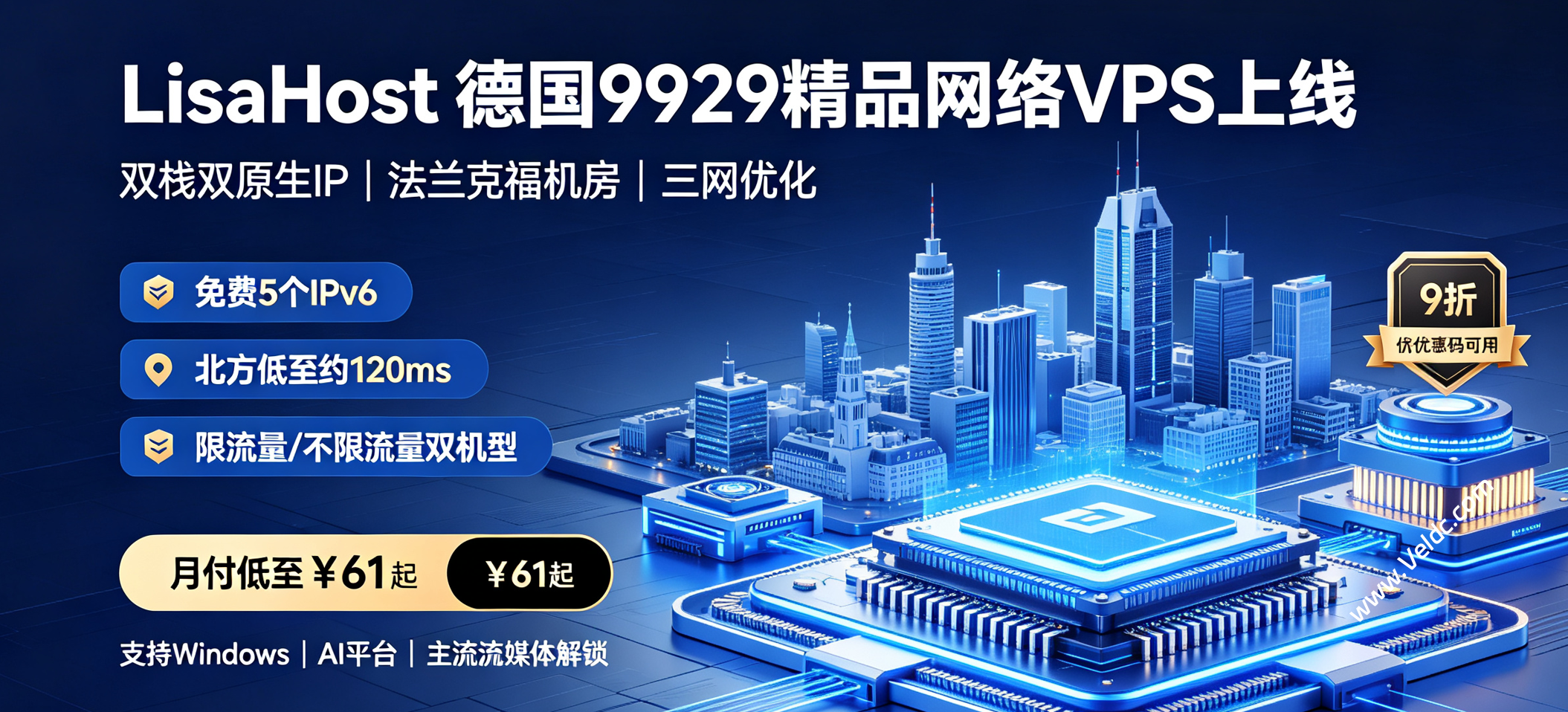 LisaHost（丽萨主机）：德国9929精品网络双栈双原生IP VPS上线，三网9929优化线路，九折优惠月付低至61元起，德国本土原生解锁-国外主机测评