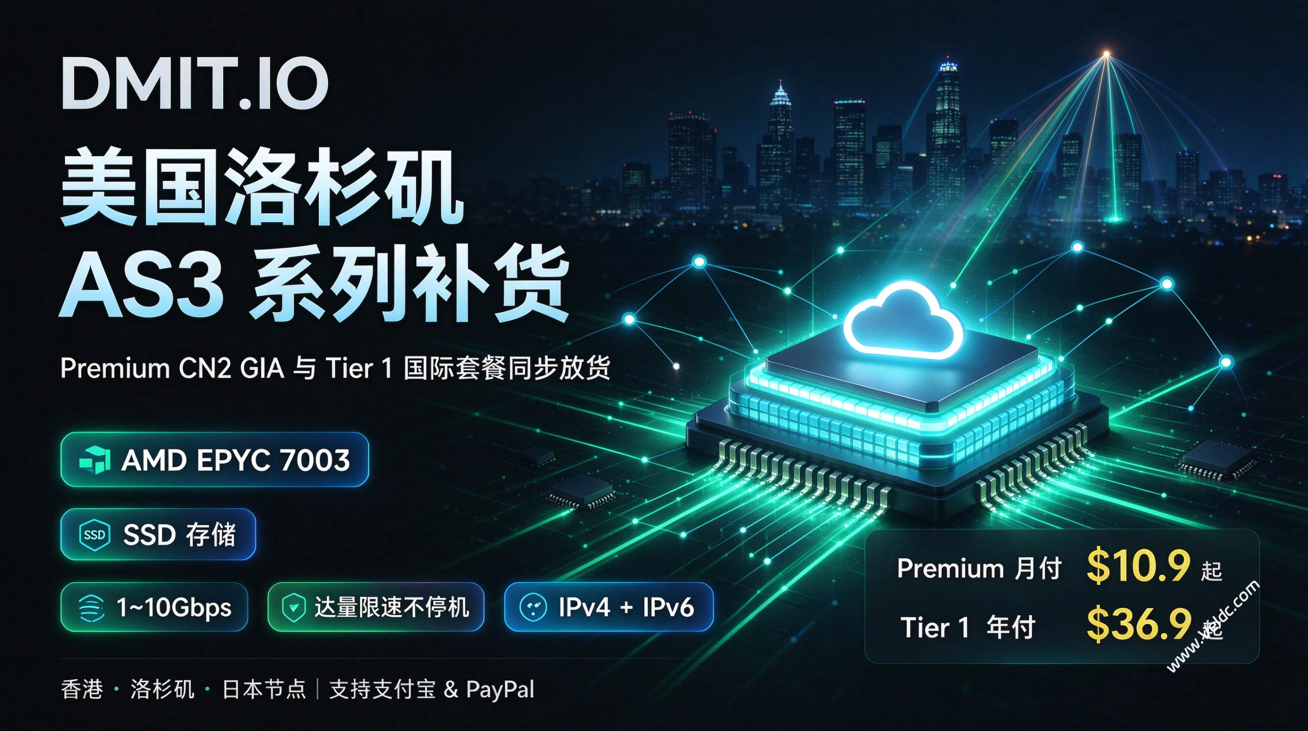 DMIT:洛杉矶 AS3 系列补货,含Premium CN2 GIA/Tier1 国际线路套餐,月付$10.9起-国外主机测评