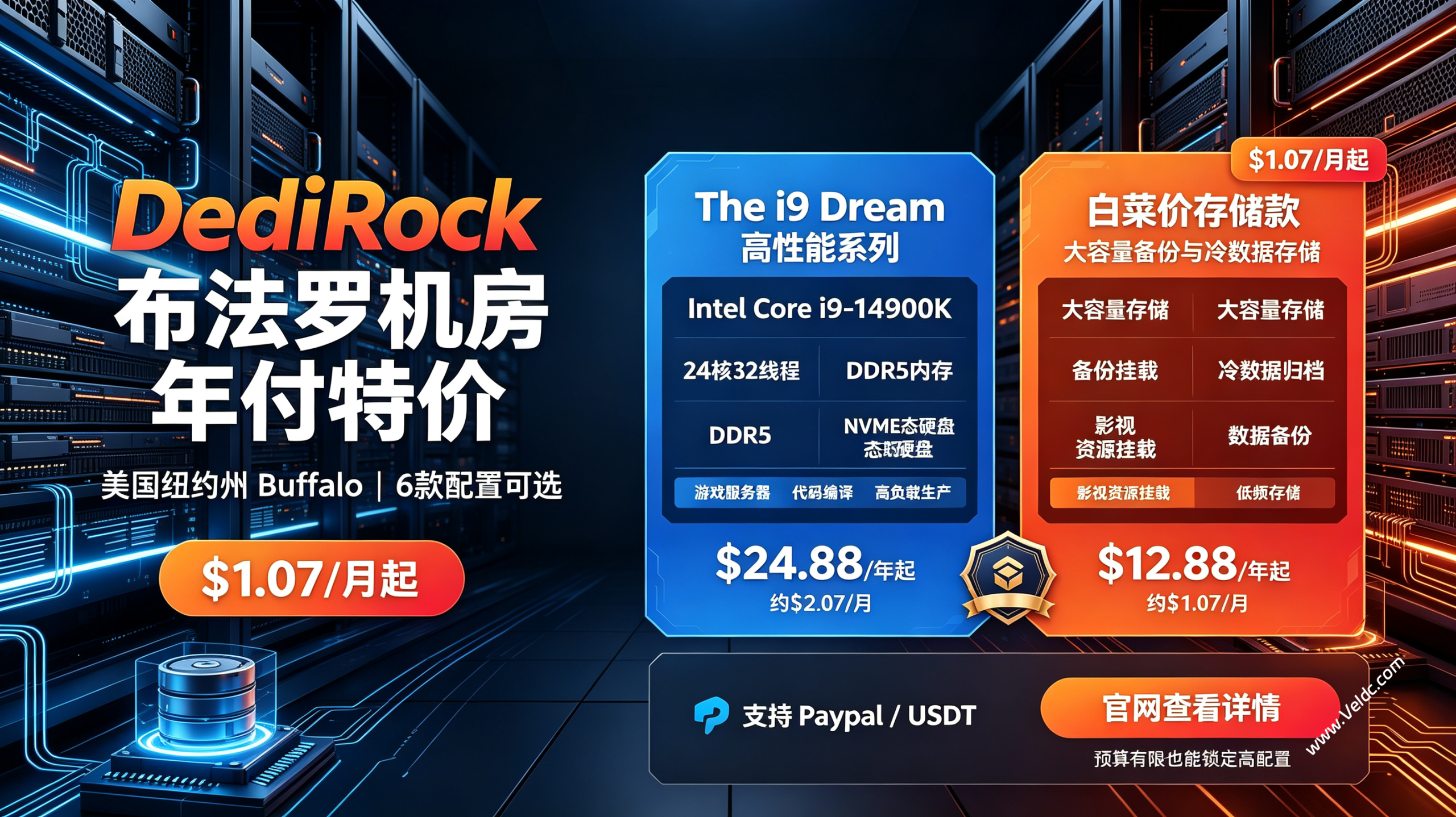 Dedirock:纽约高性能VPS年付$24.88起,1核Core i9/2GB/30G NVMe,1Gbps@2T,大硬盘存储VPS年付$12.88起-国外主机测评