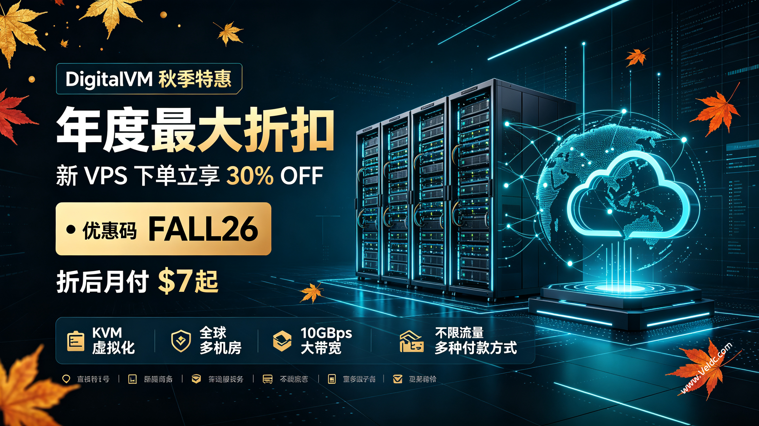 Digital-VM：秋季全场VPS 七折特惠，可选日本/新加坡/英国/瑞典/荷兰/西班牙/美国等机房，10Gbps大带宽不限流量，月付$7起-国外主机测评