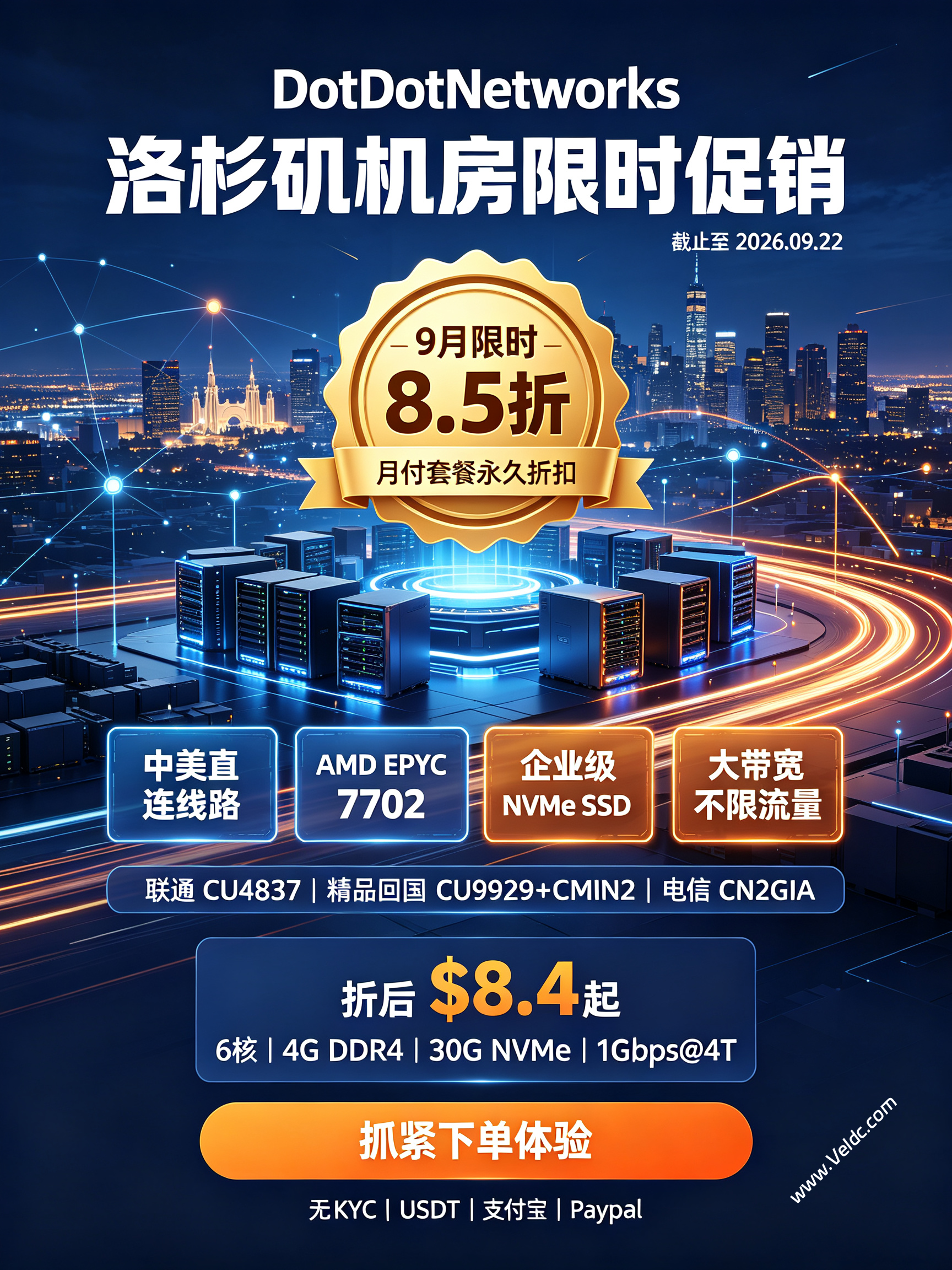 Dotdotnetworks:美国CU9929+CMIN2/CN2GIA/CU4837系列月付款85折促销,6核AMD EPYC/4G/30G NVMe/1Gbps@4T,月付$8.4起-国外主机测评