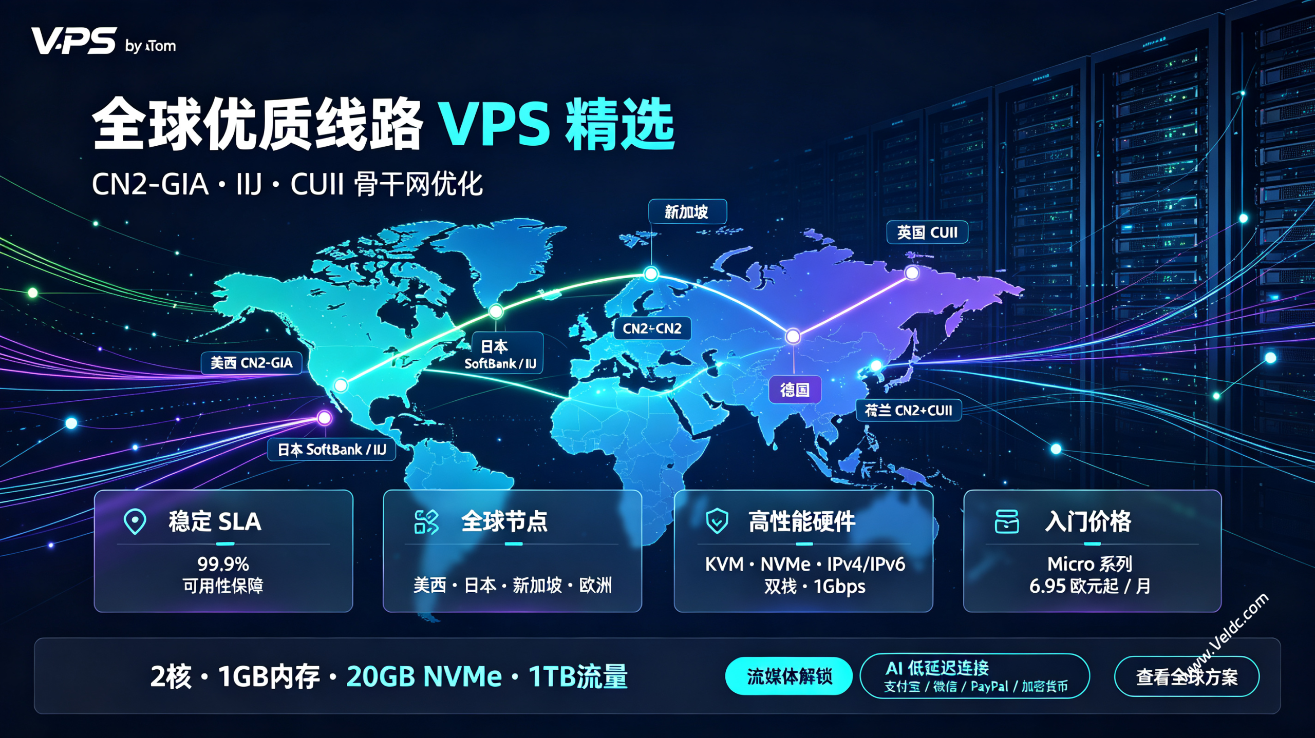 V.PS ：xTom 旗下高端大带宽 VPS ，可选CN2GIA+CUII+CMIN2+AS9929等优化线路，亚太欧美多国机房，月付€6.95起-国外主机测评