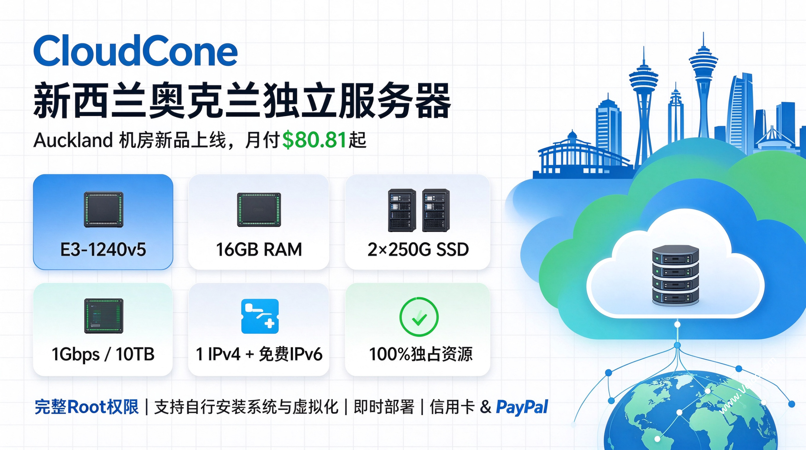 CloudCone:上线全新西兰奥克兰独立服务器,E3-1240v5/16GB/2×250G SSD,1Gbps@10T,月付$80.81起-国外主机测评