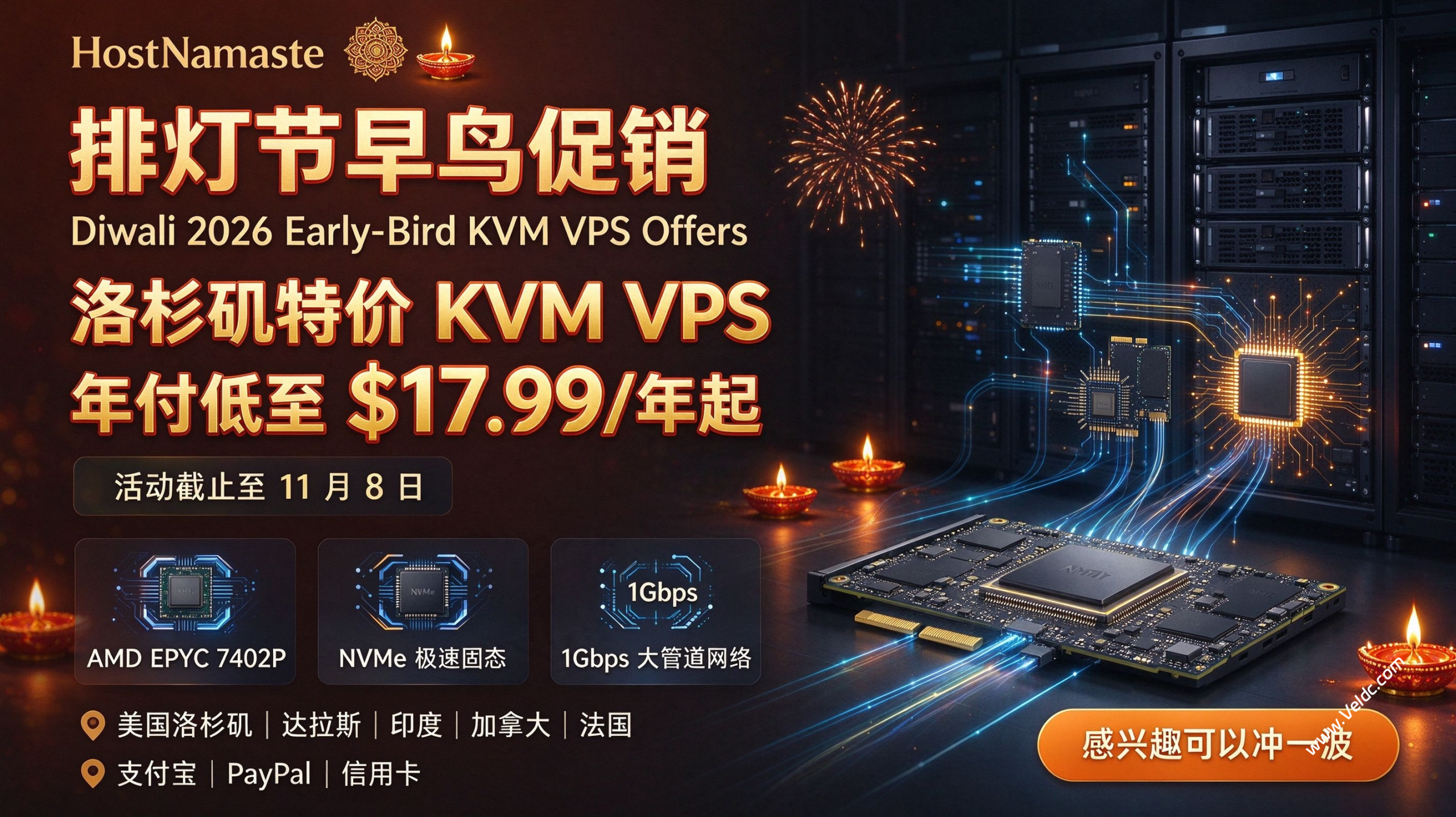 HostNamaste:推出排灯节早鸟特惠,洛杉矶 AMD EPYC NVMe VPS 1Gbps@2 TB,年付 $17.99 起-国外主机测评