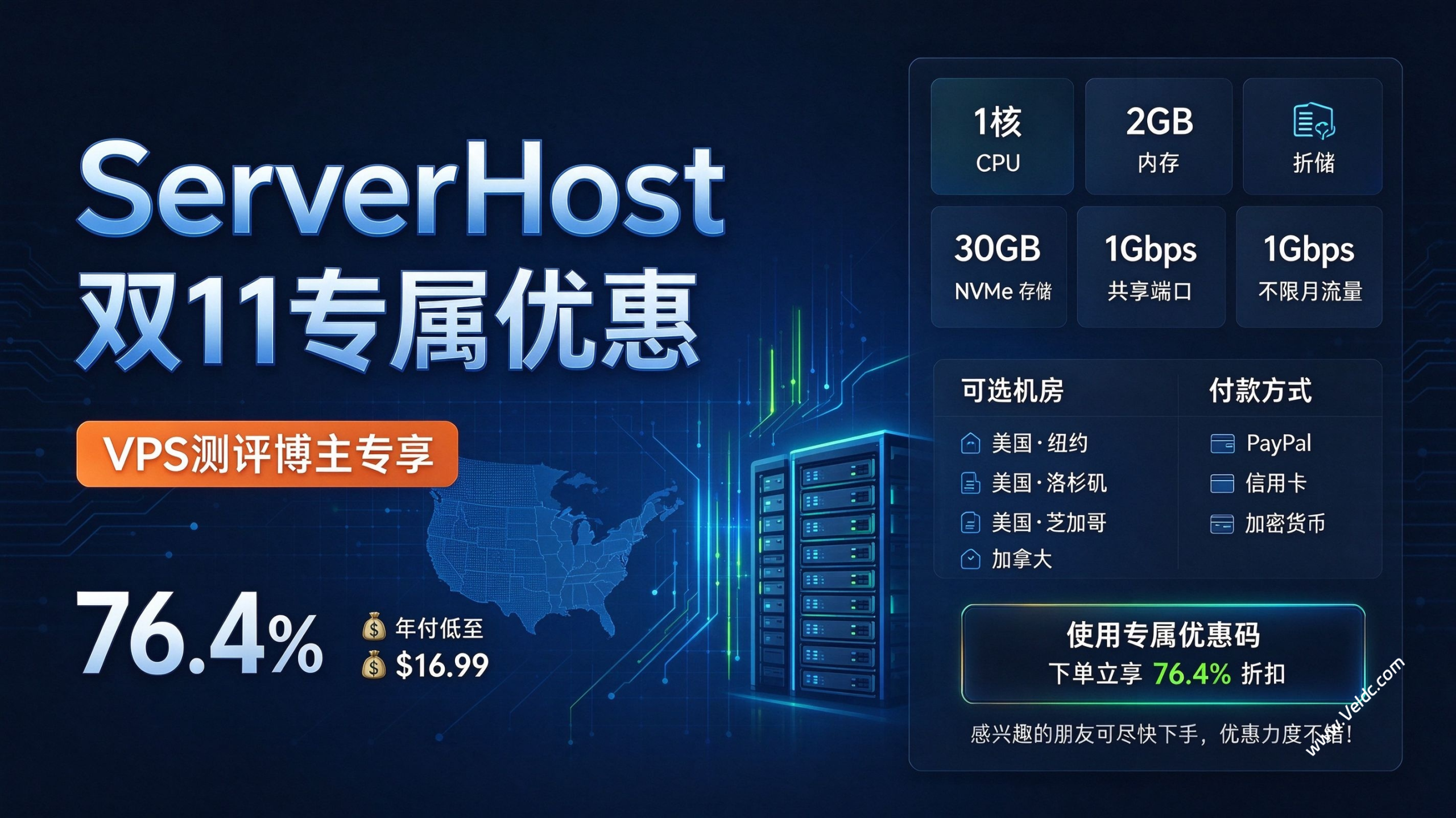 ServerHost:限时高性能VPS促销,1核2GB/30GB NVMe,1Gbps@不限流量,可选美国洛杉矶/达拉斯/芝加哥/纽约/加拿大机房,年付$16.99-国外主机测评